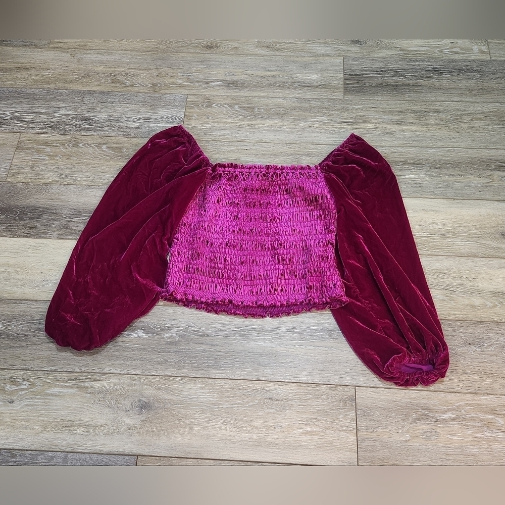 Anthropologie Puff Sleeve Velvet Fuschia Crop Blouse Size Large - Picture 3 of 7